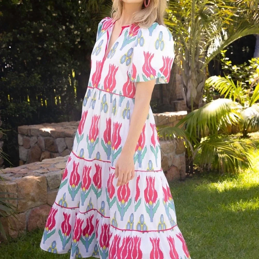 NWT Oliphant Puff Sleeve Maxi in Sumba Red Ikat Floral Cotton Dress XS - Picture 3 of 4